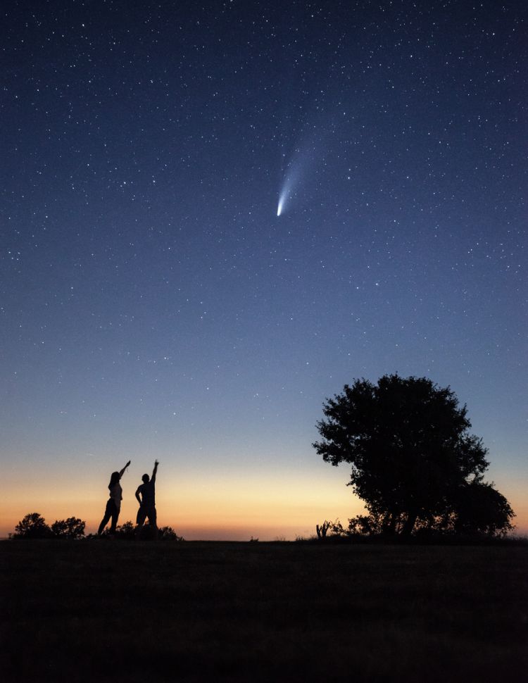流れ星や花火を見上げるカップルの写真